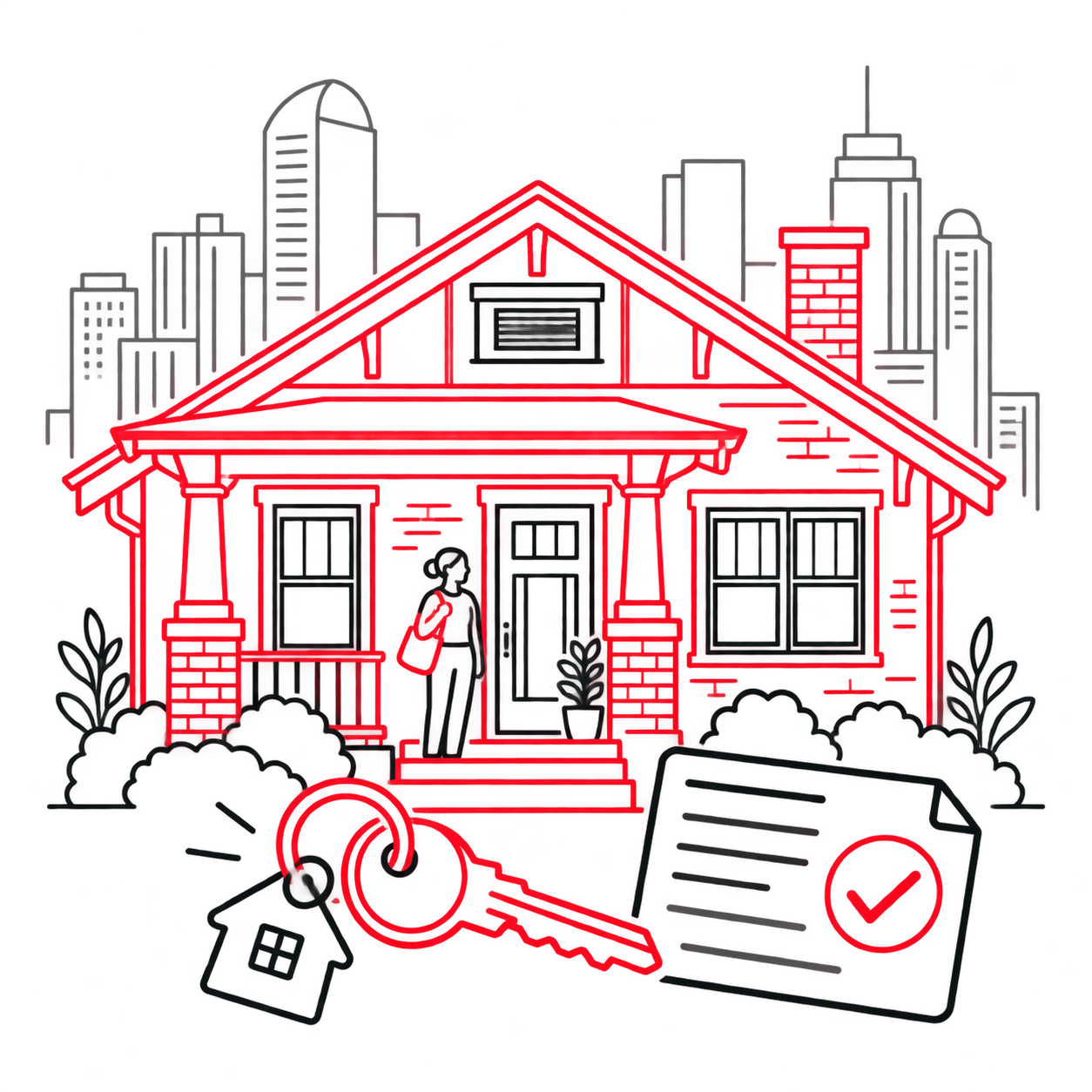 Image of House with Denver Skyline in Background and Paperwork and a Key in Foreground