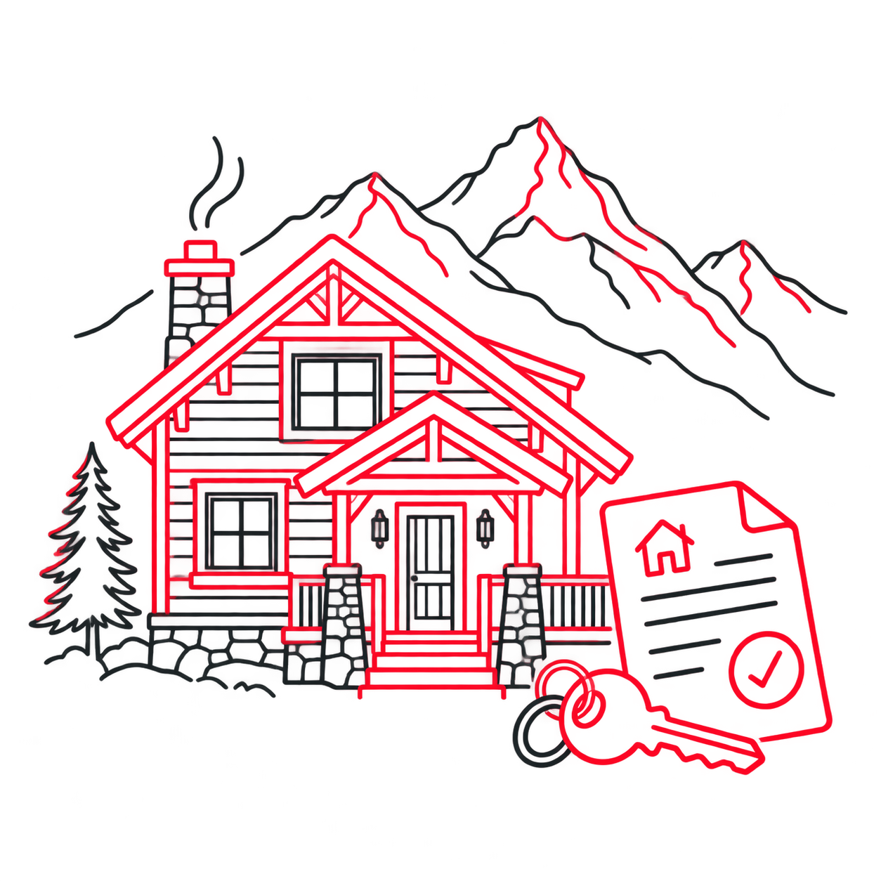 Image of House in Front of Mountains with Paperwork and Key in Foreground