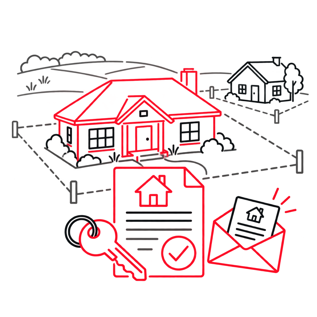 Image of House on Rural Lot with Paperwork and a Key in Foreground
