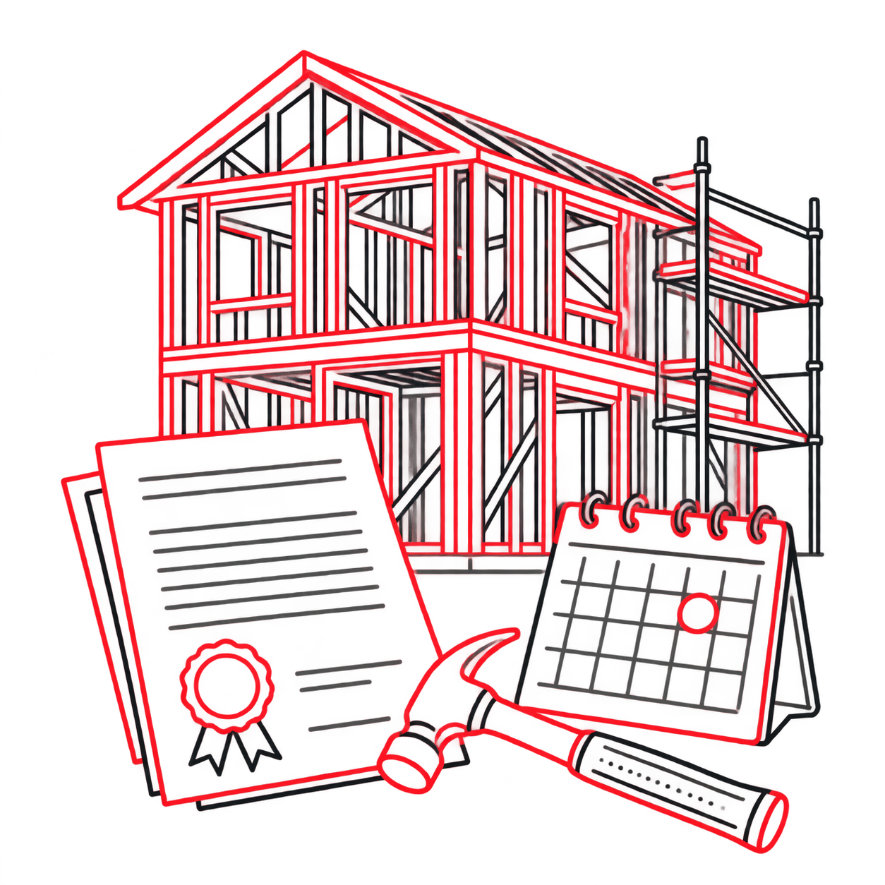Image of a Framed House with a Calendar, Hammer, and Paperwork in the Foreground