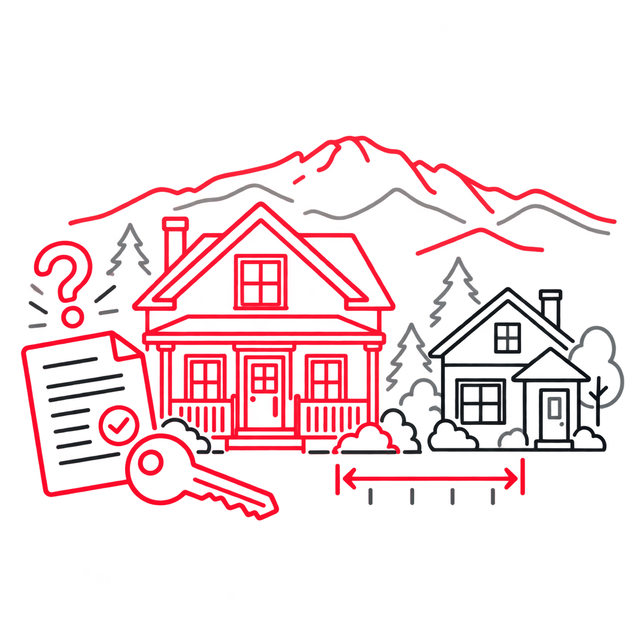 Image of 2 Houses Against Mountain Backdrop with Contract and Keys in Foreground